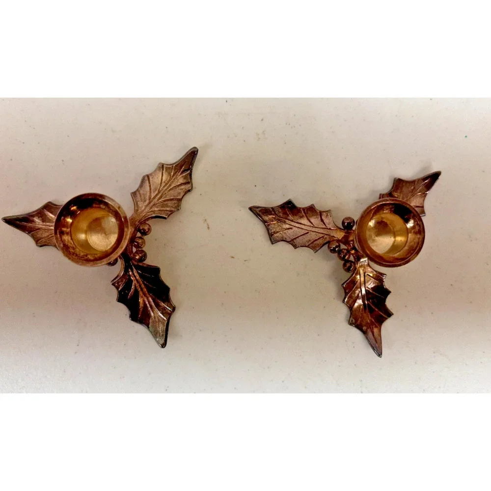 Restoration Hardware Christmas Holly Leaves & Berries Candlesticks Silver Tone‎
